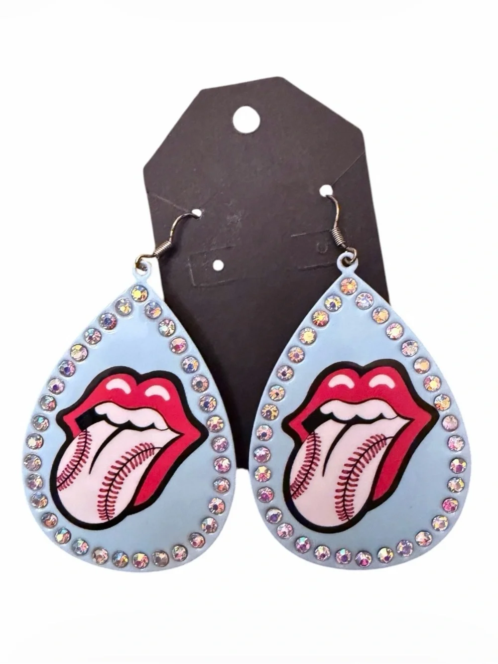Teardrop Baseball Tongue Statement Earrings - Light Blue
